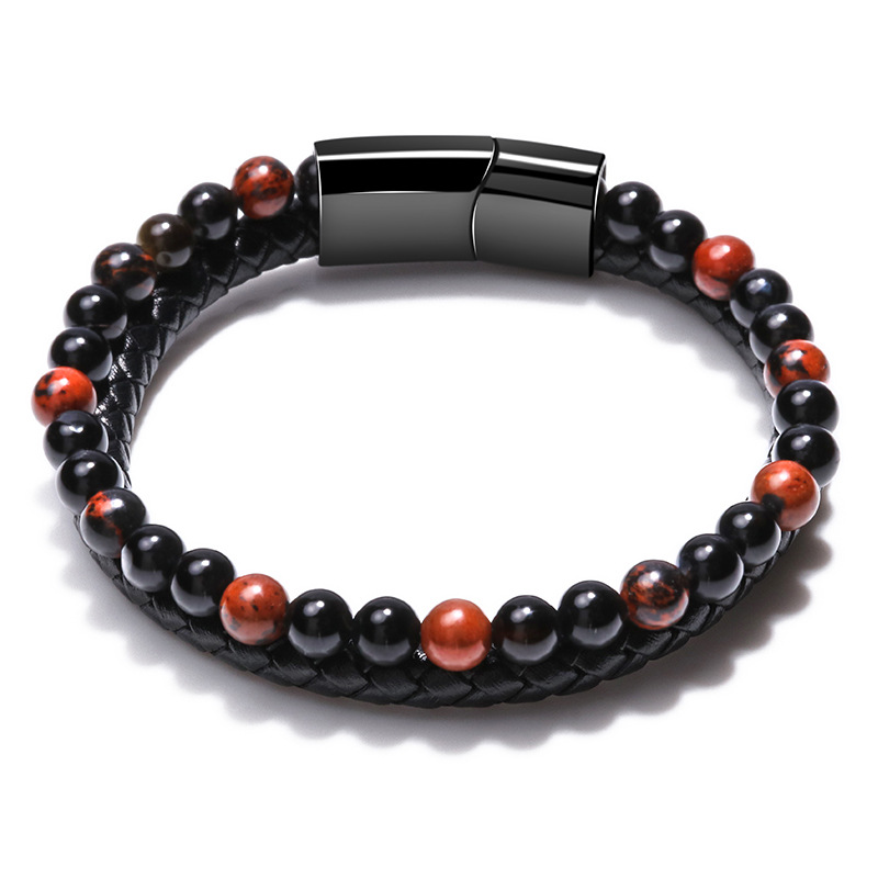 1 Piece Fashionable Style Bead Shape Leather Inlay Natural Stone Men's Bracelet h5 